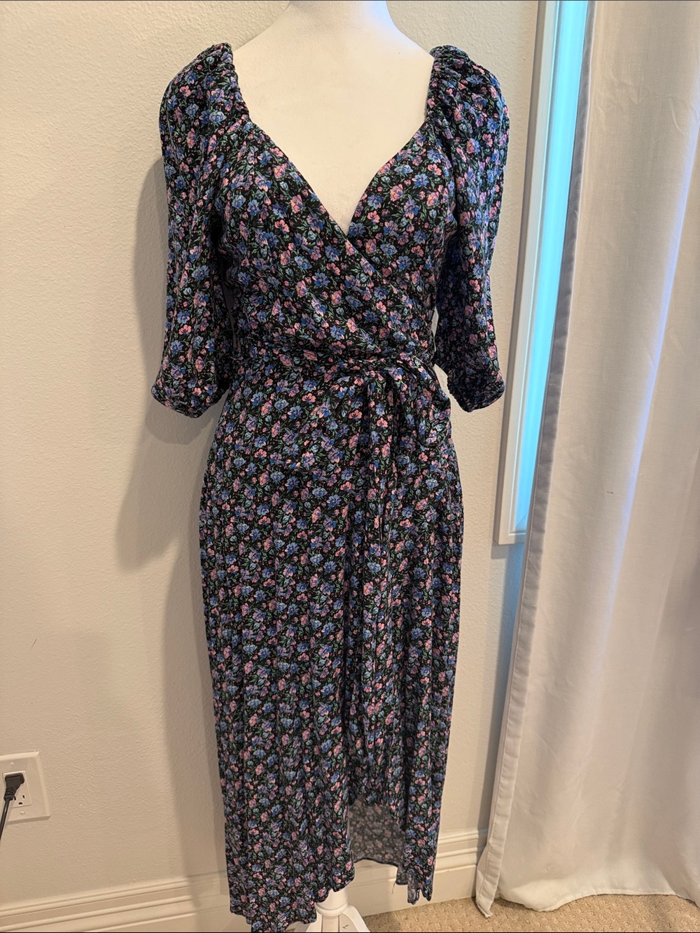 Topshop Black Floral Wrap Dress with Pink & Blue Blooms